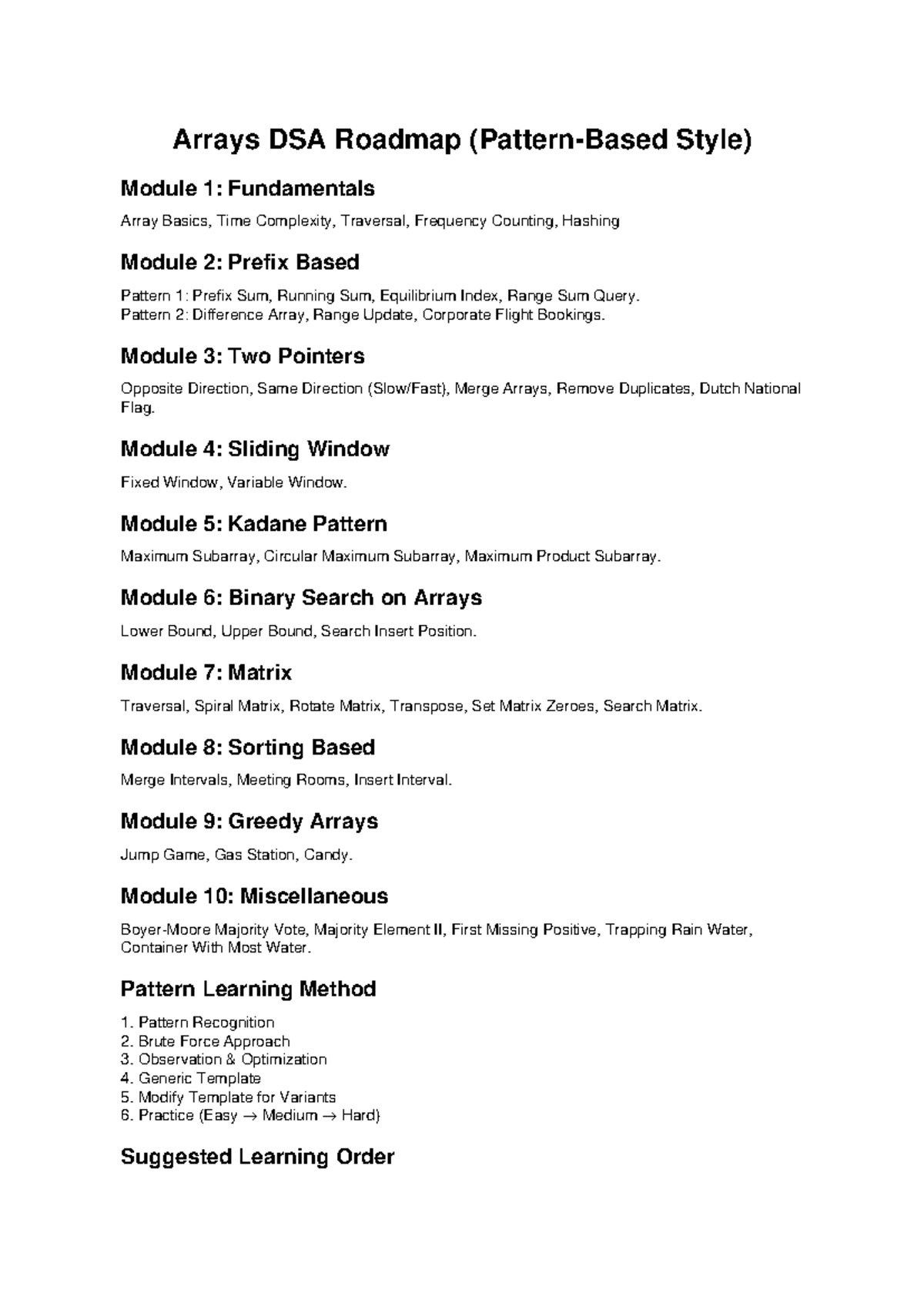 Arrays DSA Roadmap (Module 1-10) - Aditya Verma Style - Studocu