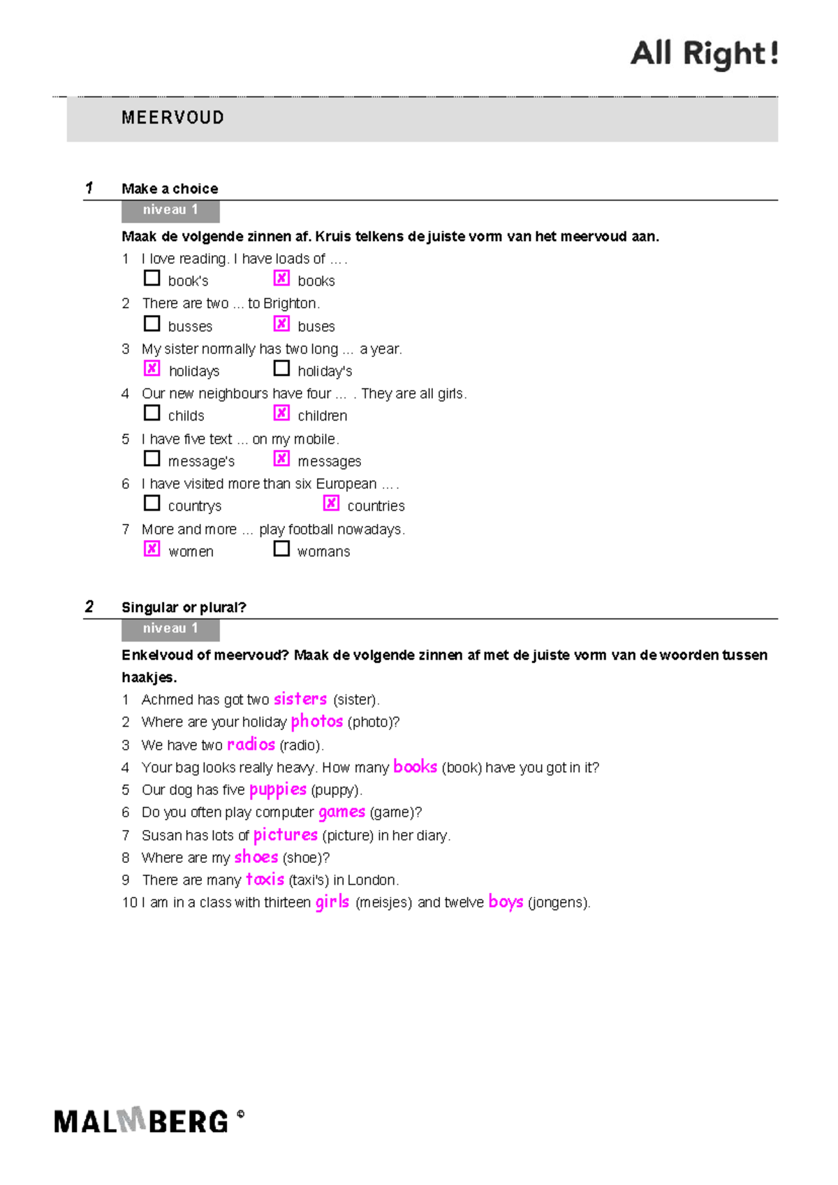 AR W1 Meervoud - Grammatica Oefeningen en Antwoorden - Studeersnel