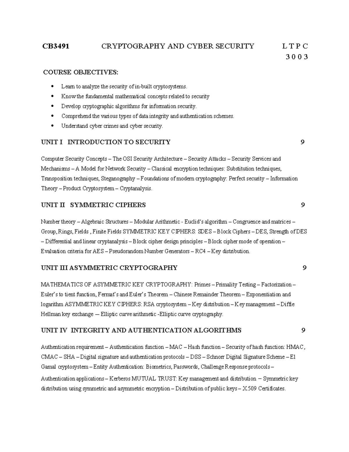CB3491 Cryptography and Cyber Security Course Overview and Objectives ...