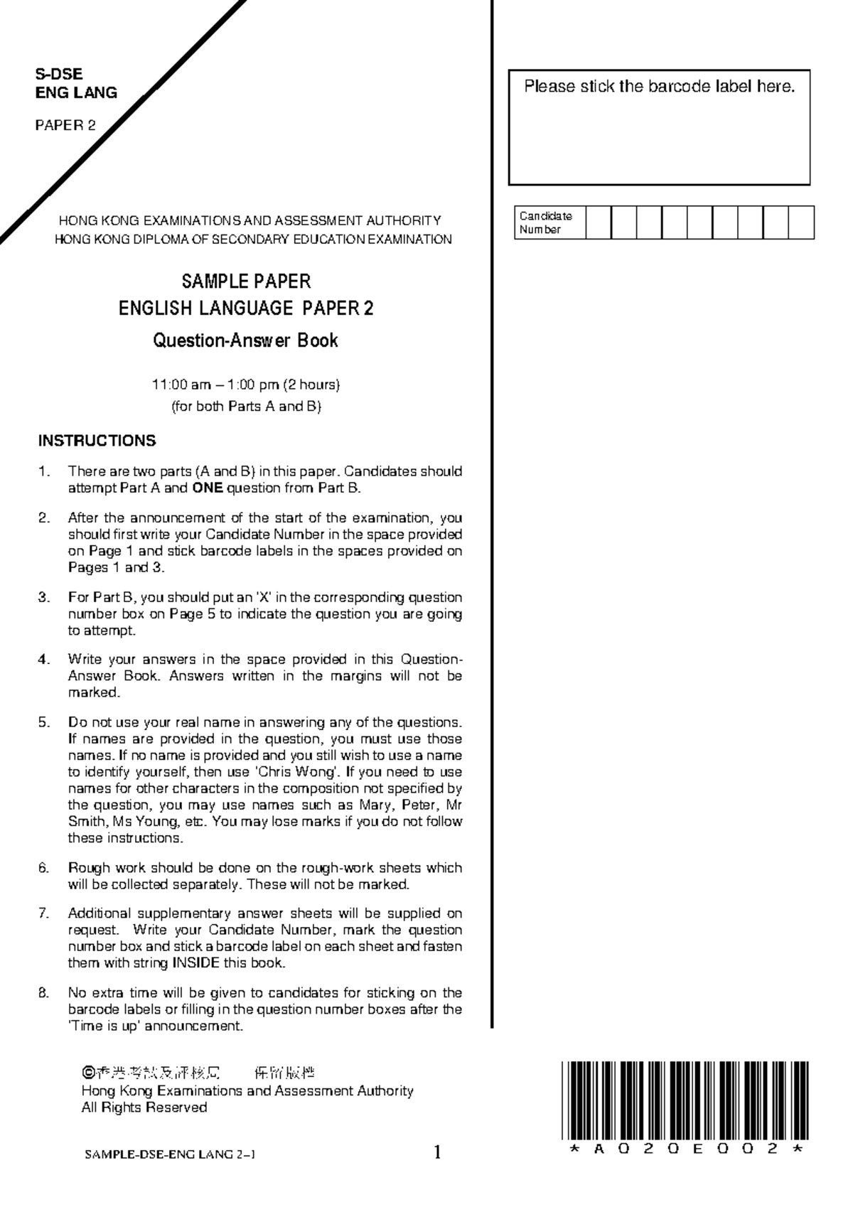 HKDSE ENG LANG Sample Paper 2 - Examination Guidelines and Questions ...
