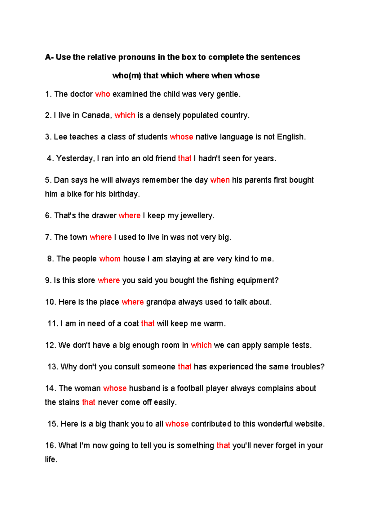 Relative Pronouns Exercises - English (ENG 101) - Studocu