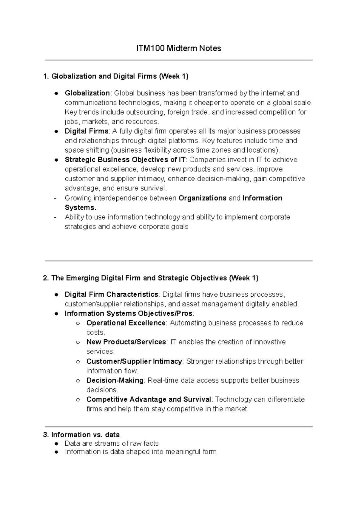 ITM100 Midterm Notes - Summary Foundation of Information Systems ...