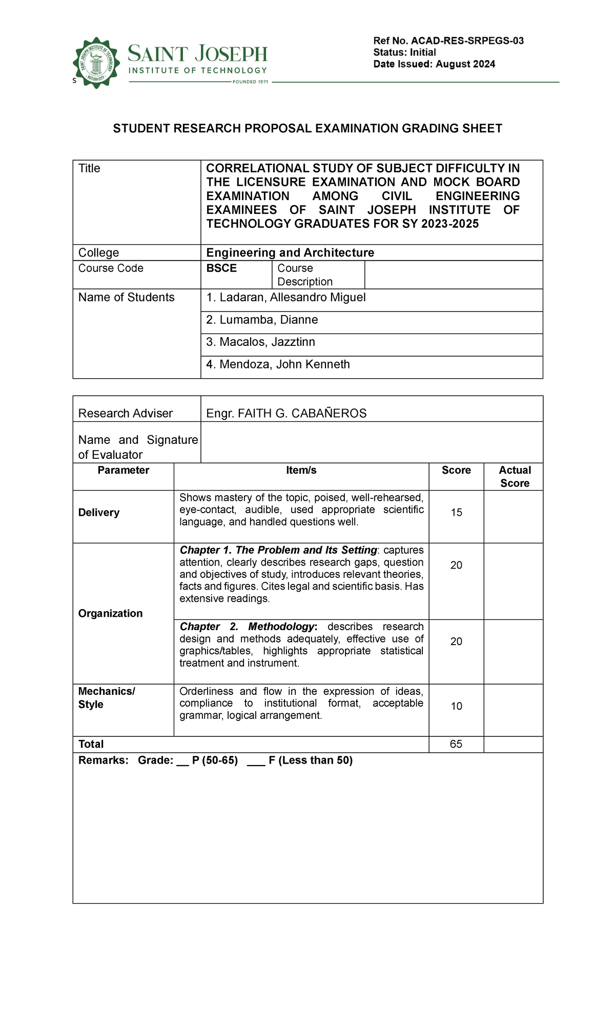 BSCE Research Proposal Grading Sheet: Correlational Study on Exam ...