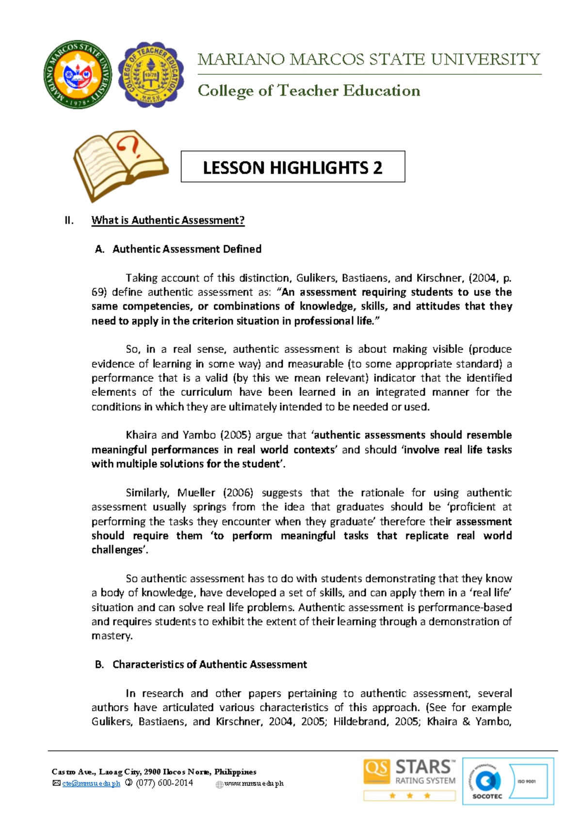 Module in EDUC-155: Lesson Highlights on Authentic Assessment - Studocu