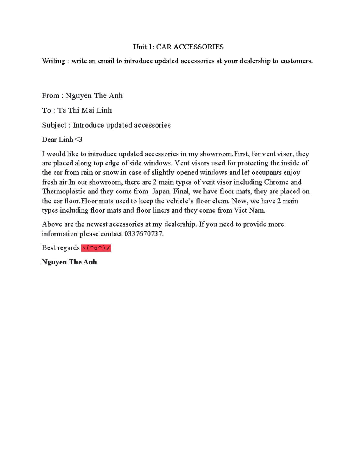 Unit 1: Email to Customers on Updated Car Accessories - Studocu