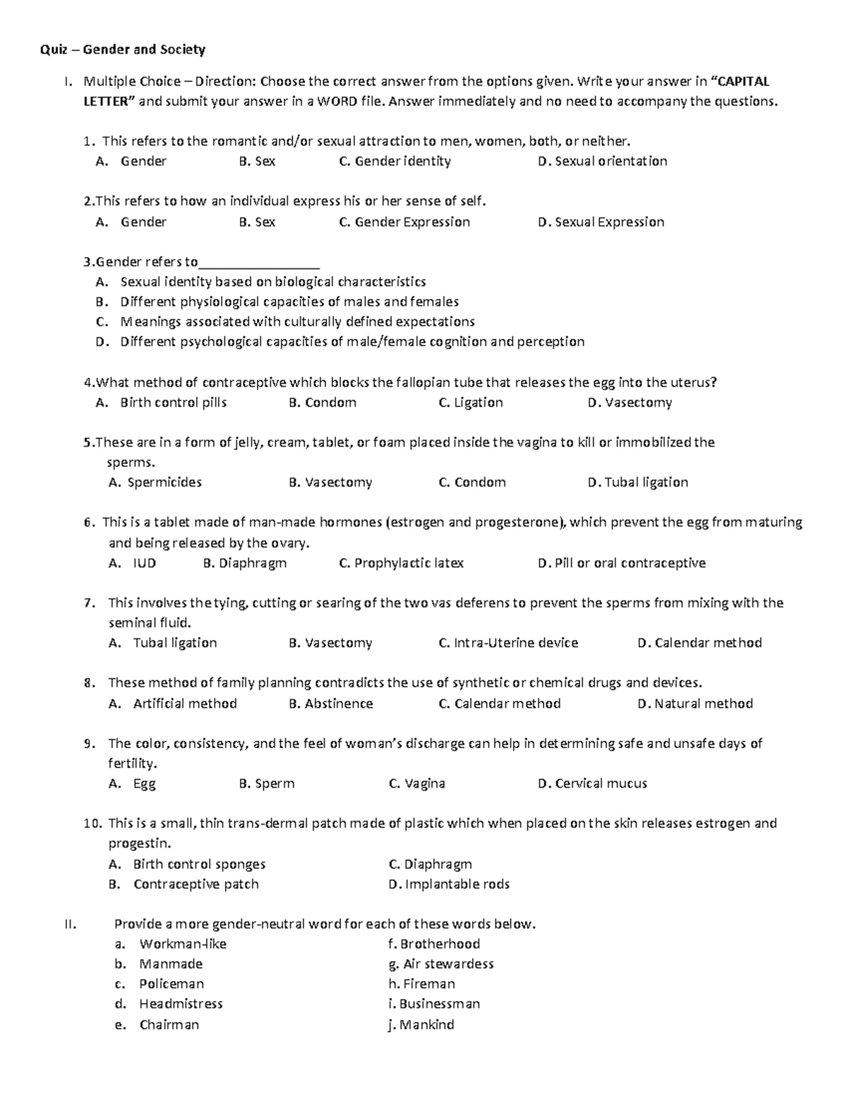 Gender and Society Quiz (MCQs & Matching) - Studocu