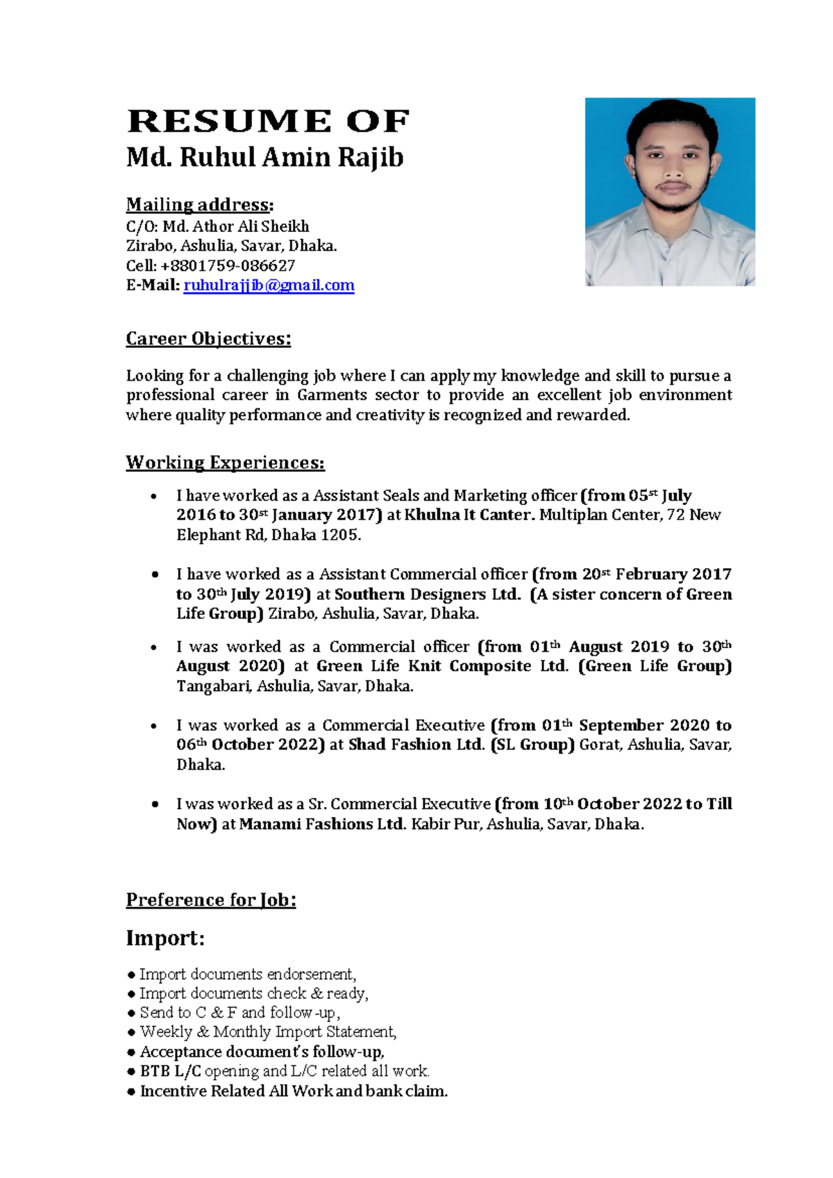 Md. Ruhul Amin Rajib - Professional CV for Job Opportunities - Studocu