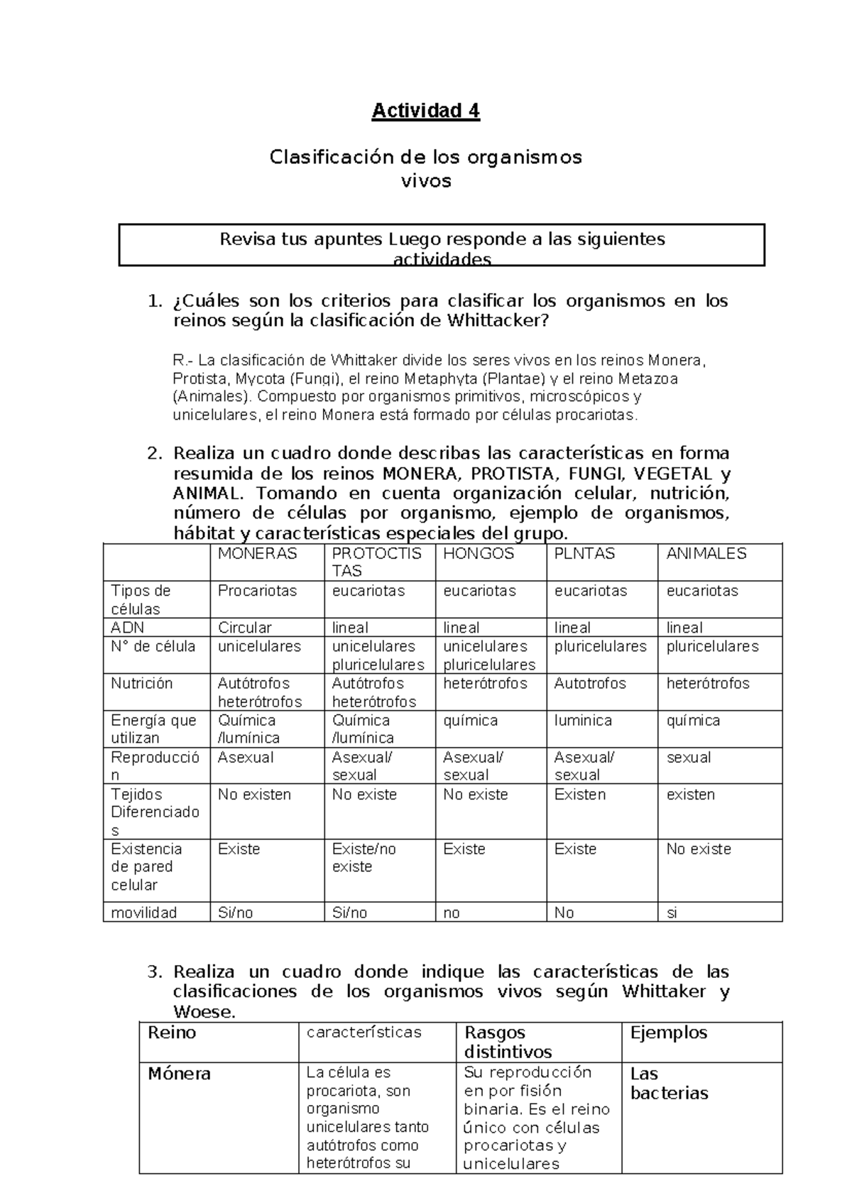 Actividad 4 - Resúmenes de Biología: Clasificación de Organismos Vivos -  Studocu
