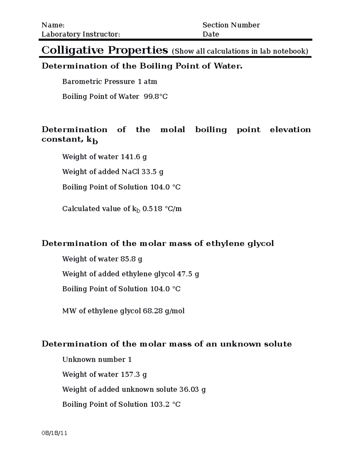 Chemistry 101: Colligative Properties Lab Report - Studocu