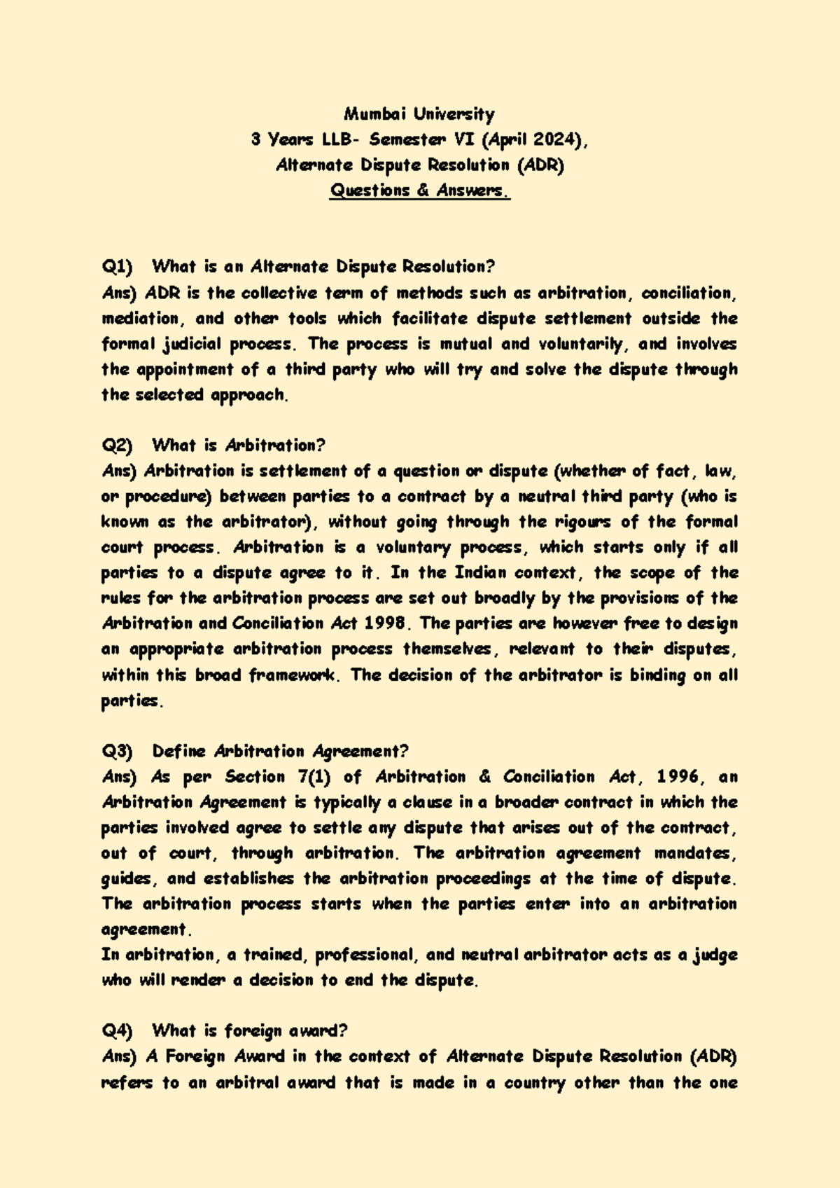 Mumbai University 3 Years Sem VI (Apr 2024) ADR Q&A Notes - Studocu
