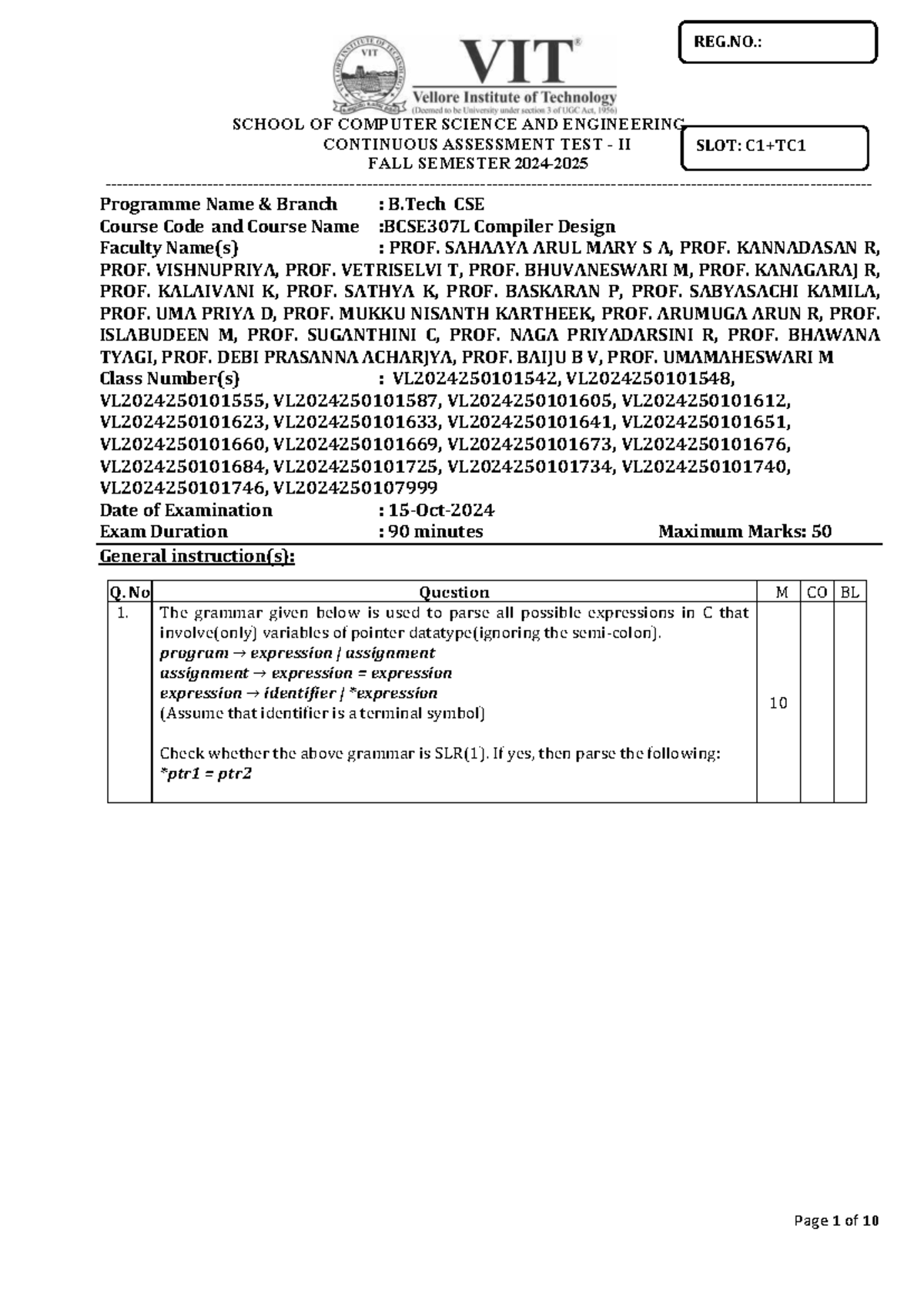 BCSE307L Compiler Design Continuous Assessment Test II - Fall Semester ...