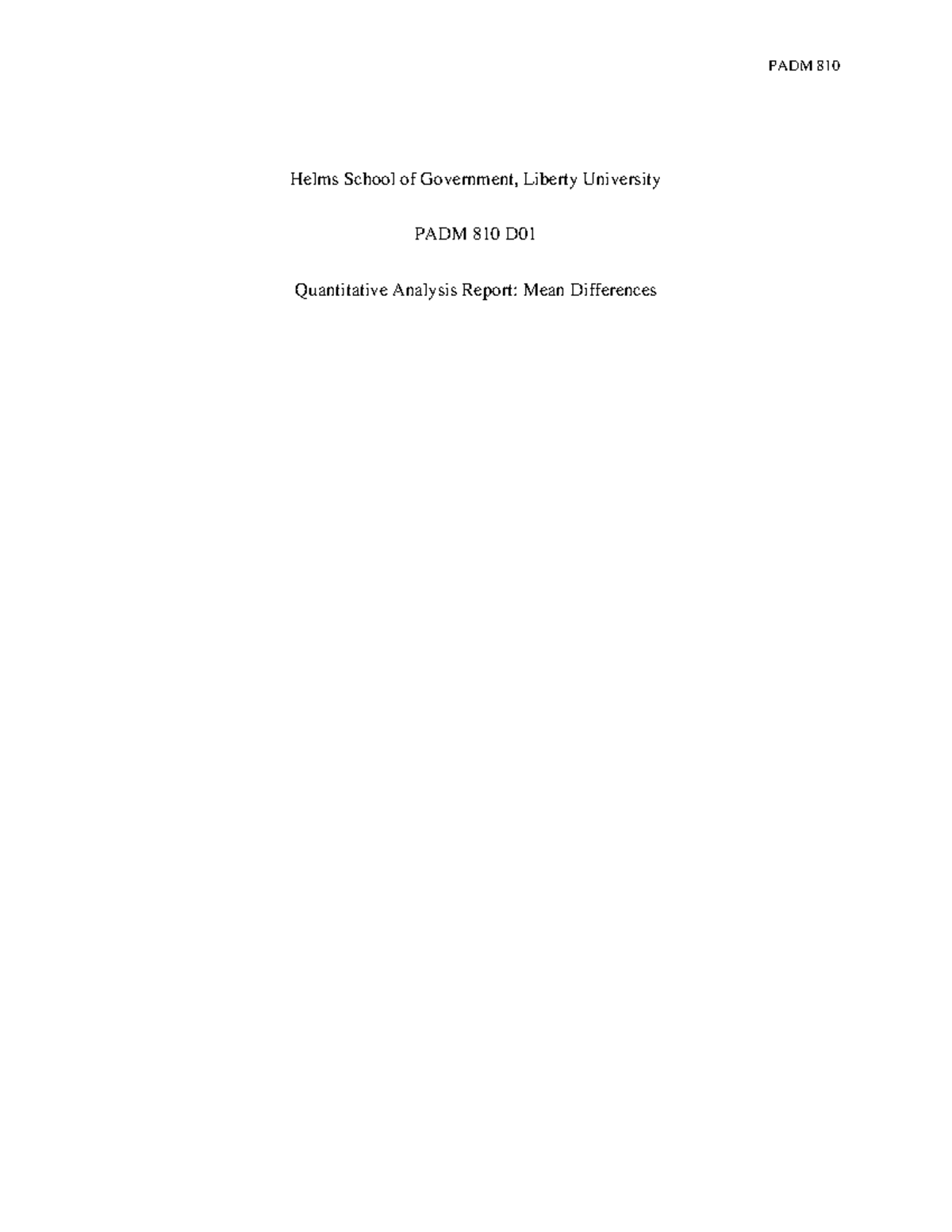 PADM 810 D Quantitative Analysis Report on Mean Differences in IGR ...
