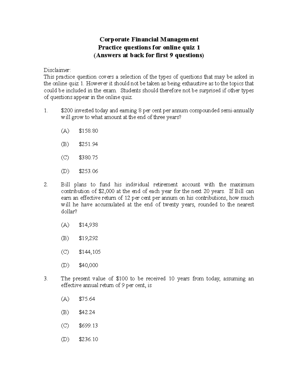 Practice questions for online quiz 1(1) - Corporate Financial ...