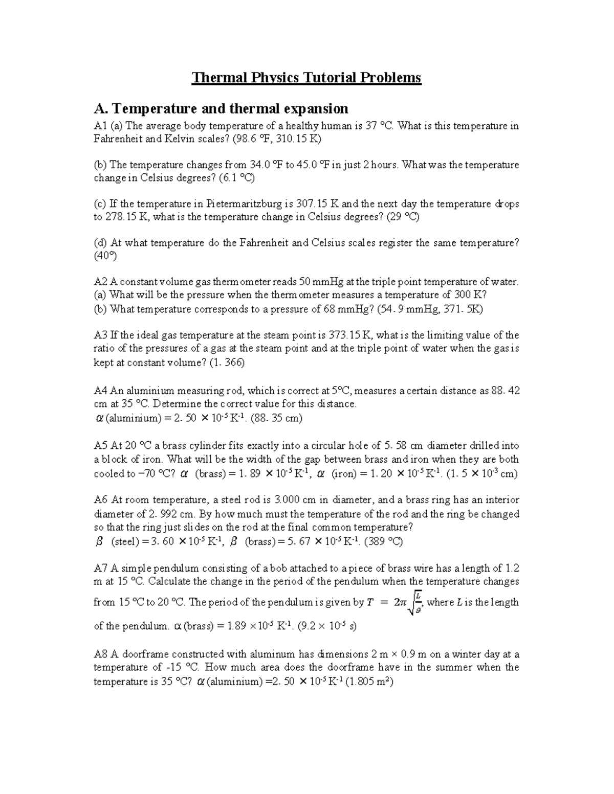 Thermal Physics Tutorial Problems A: Temp & Thermal Expansion Analysis ...