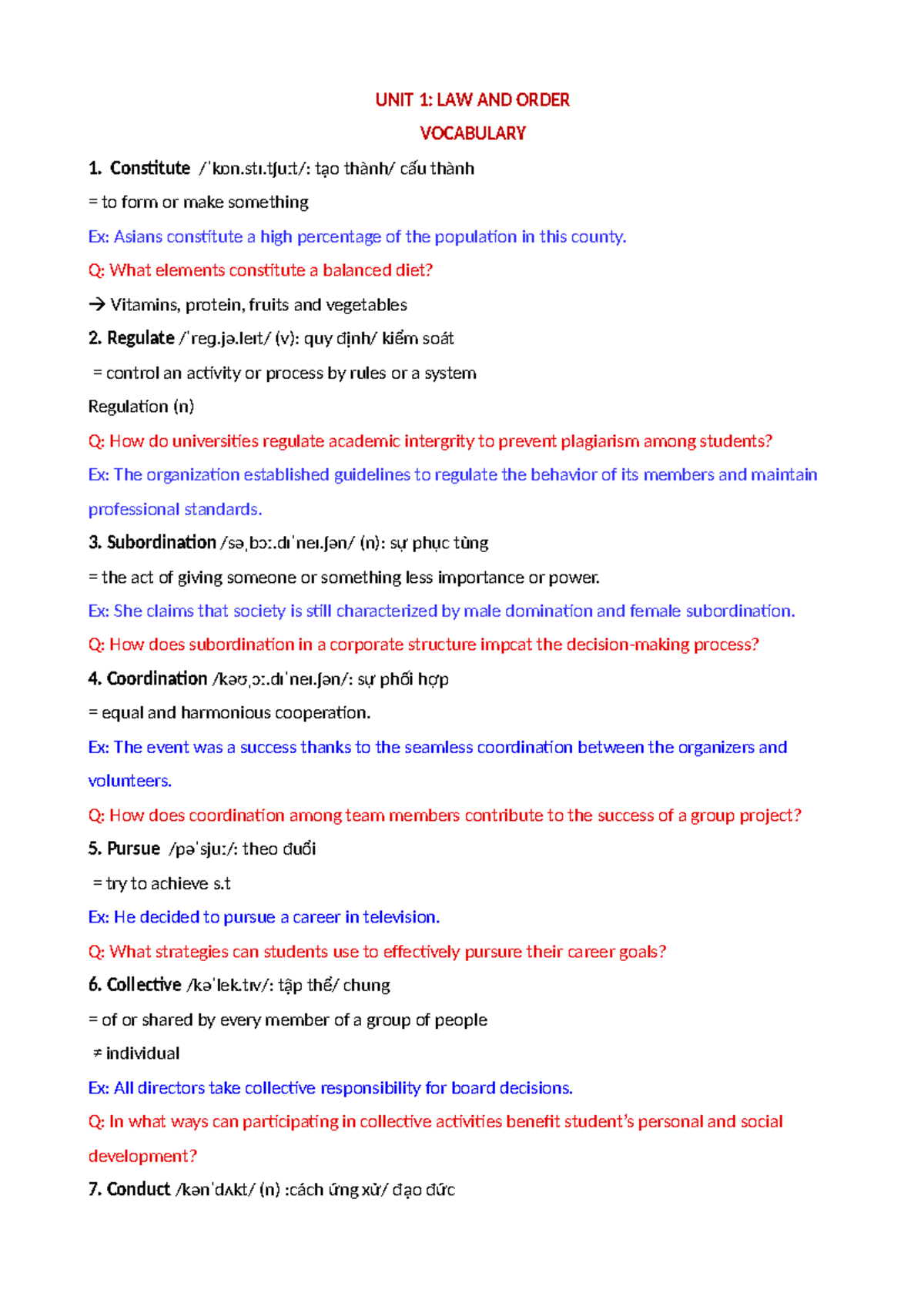 UNIT 1: LAW AND ORDER VOCABULARY - Key Terms and Definitions - Studocu