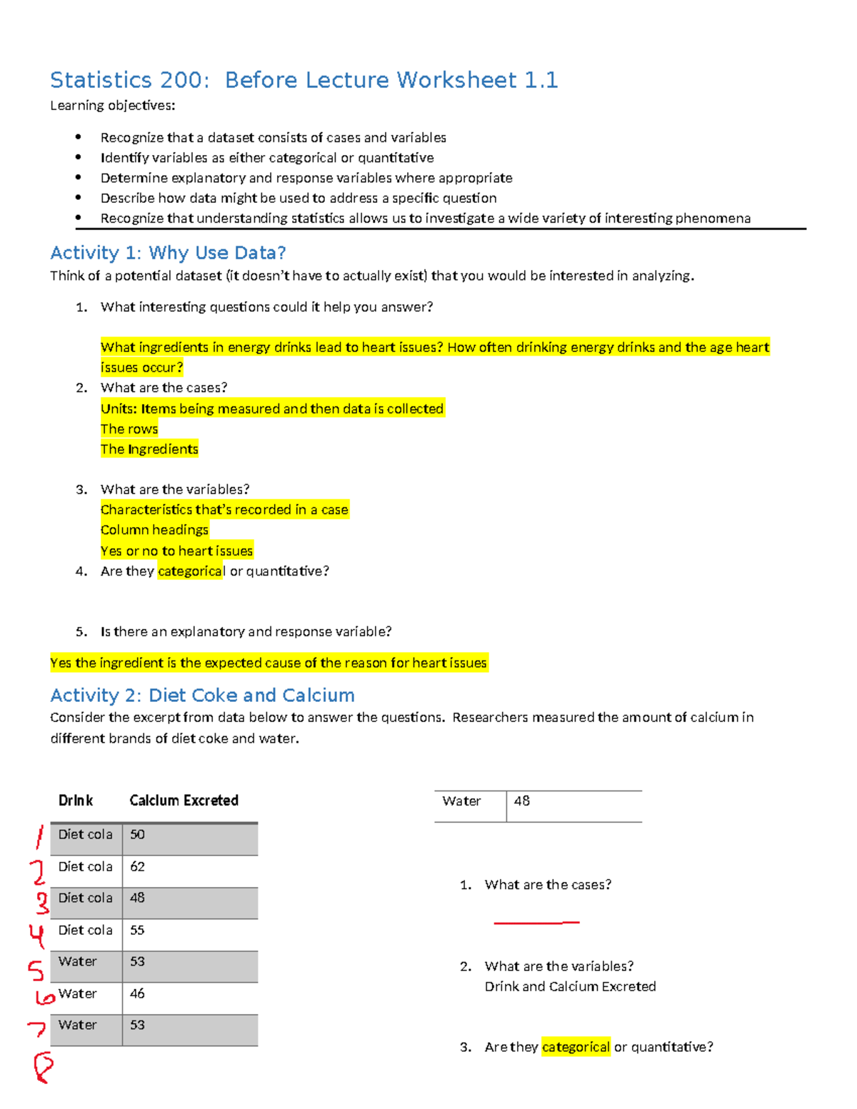 Statistics 200: Before Lecture Worksheet on Data & Variables - Studocu