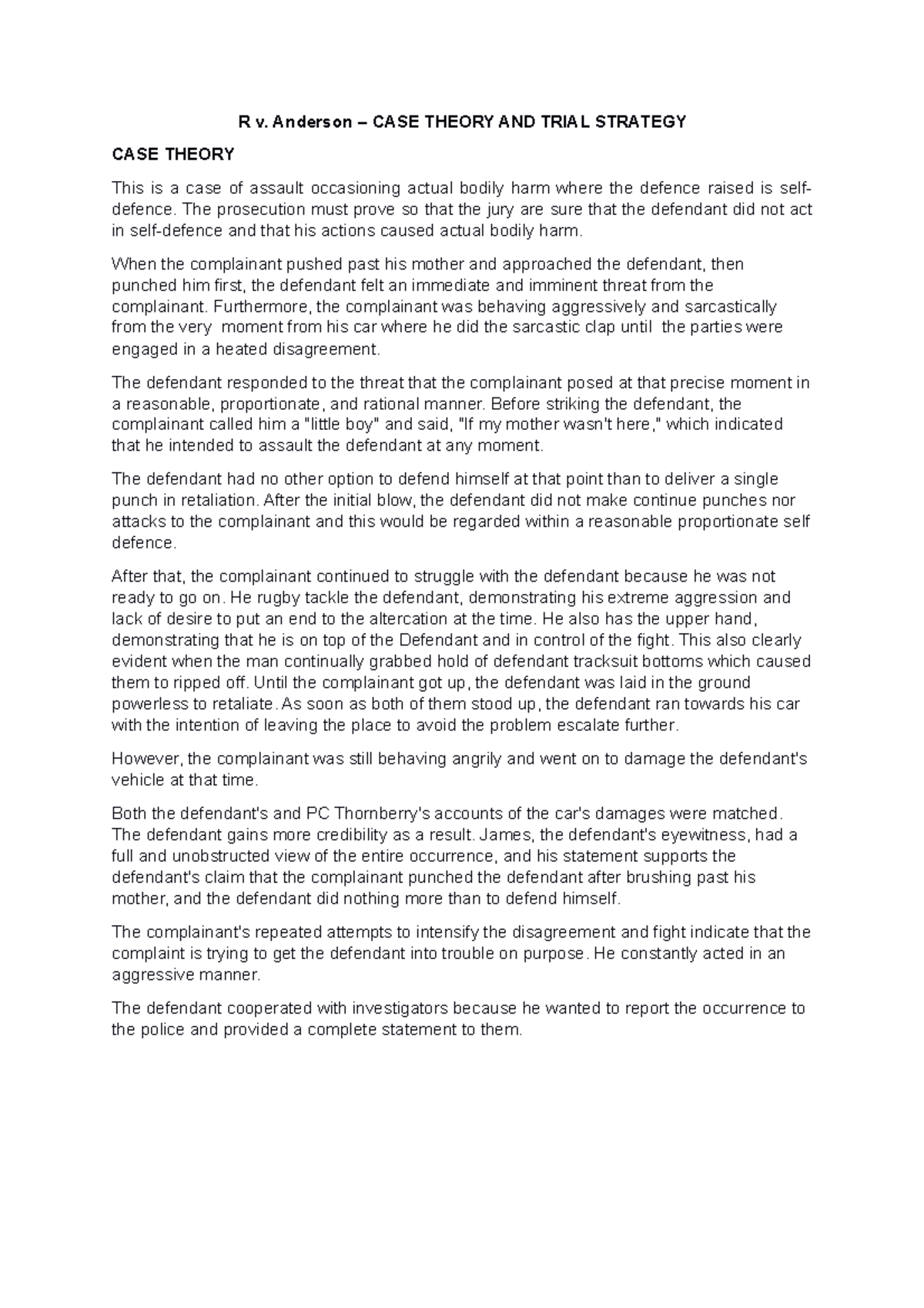 Case Study: R v. Anderson - Self-Defense and Trial Strategy Analysis ...