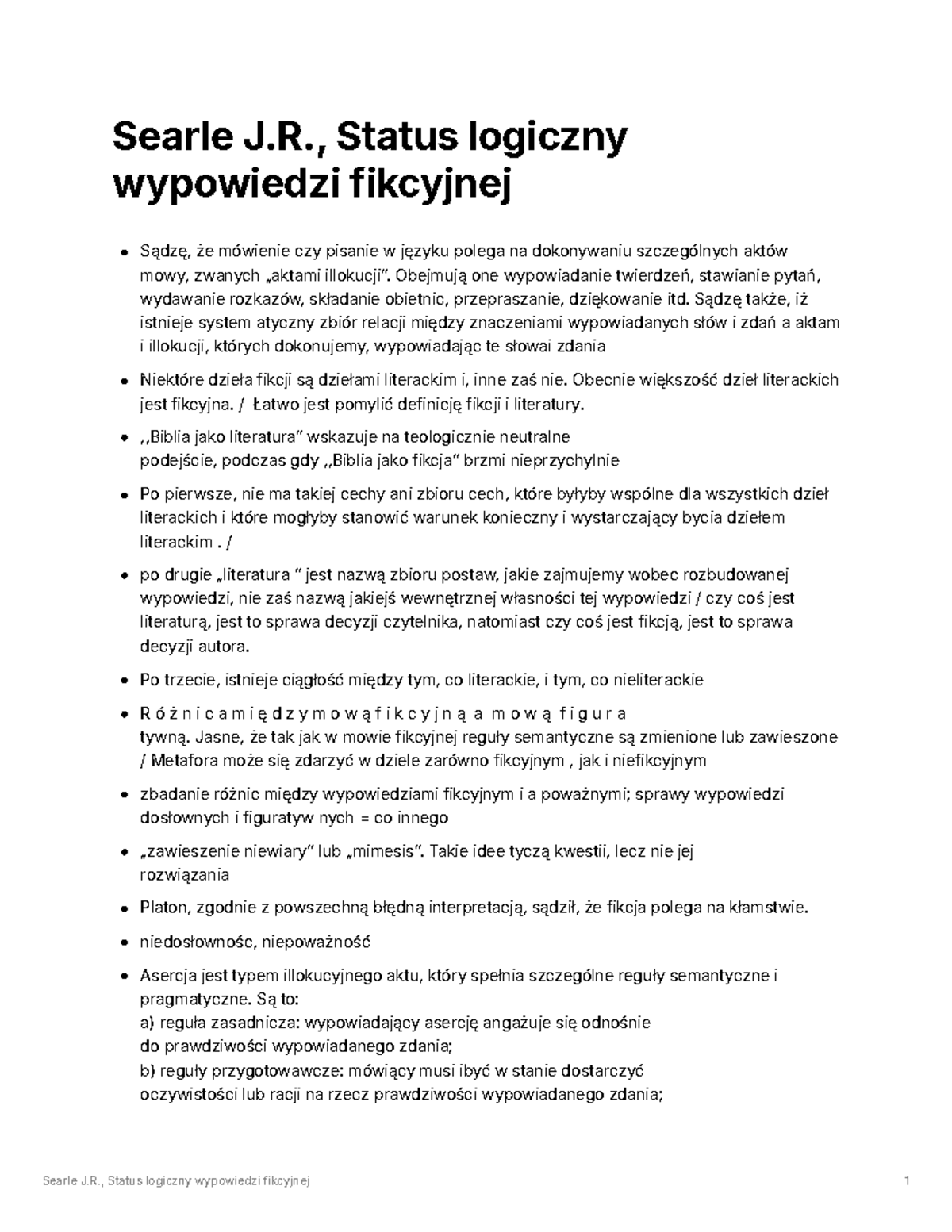 Searle J.R., Status logiczny wypowiedzi fikcyjnej - Analiza aktów mowy ...