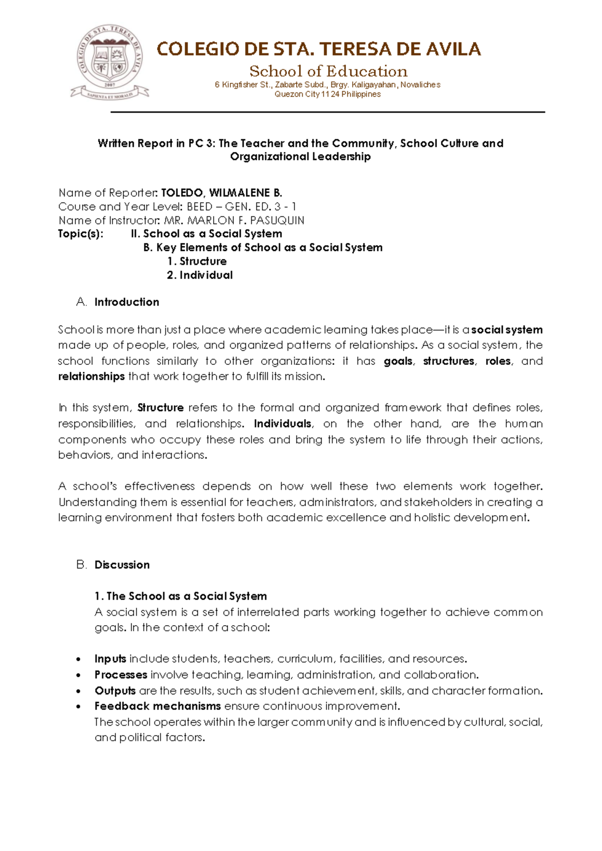 PC 3: Key Elements of School as a Social System - Written Report by ...