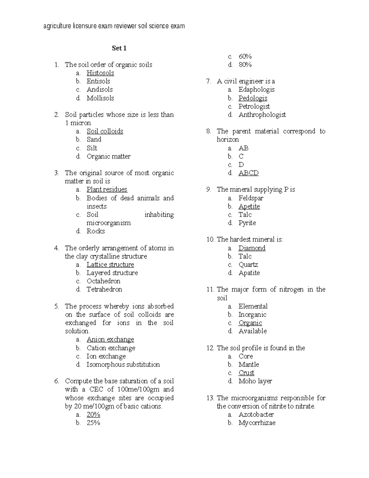 Agriculture Licensure Exam Reviewer: Soil Science Set 1 - Studocu
