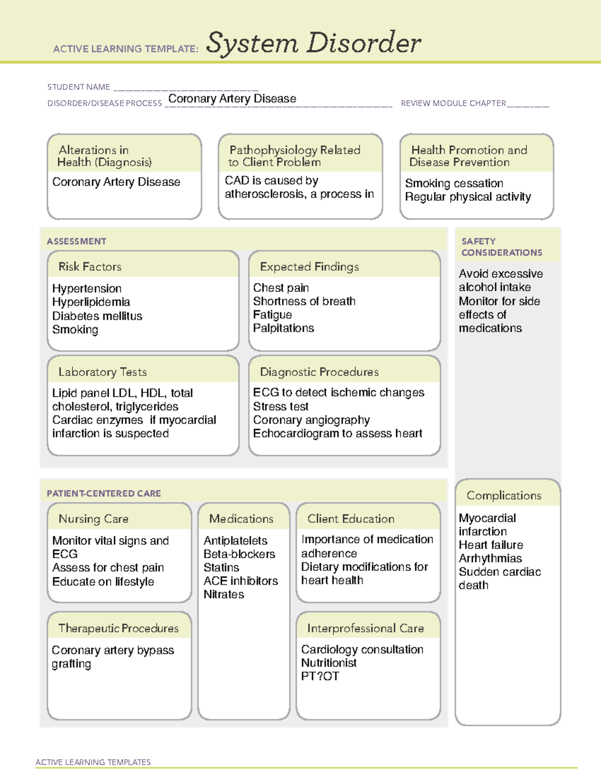 ATI Concept map CAD - ACTIVE LEARNING TEMPLATES System Disorder STUDENT ...