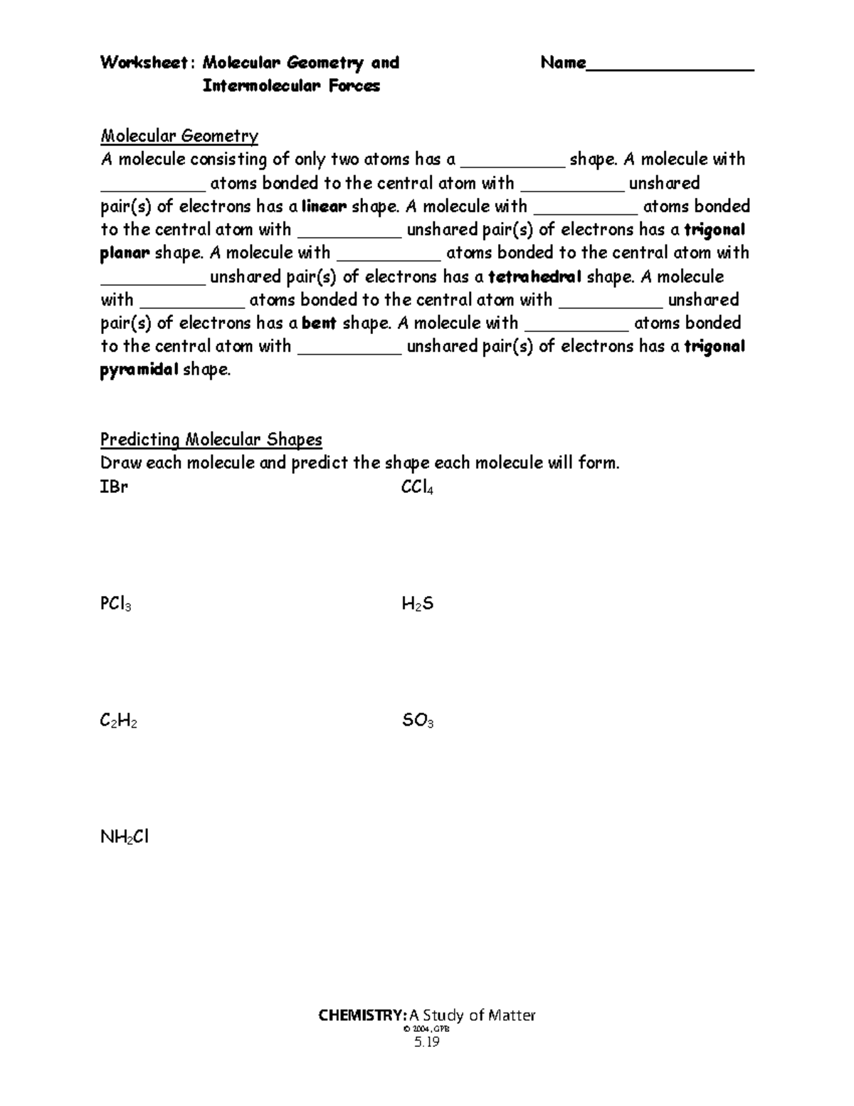 Worksheet #06c - Intermolecular Forces - Worksheet: Molecular Geometry ...