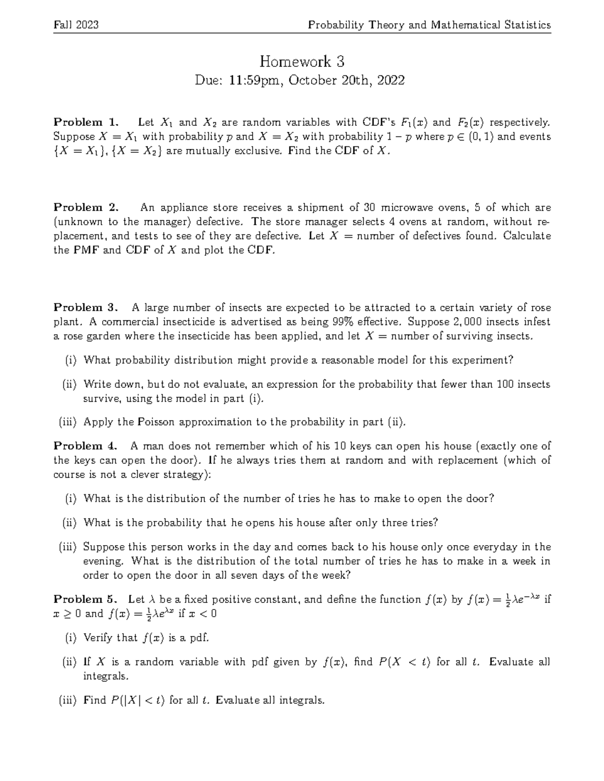 Probability and Mathematical Statistics HW-3 - Fall 2023 Probability ...