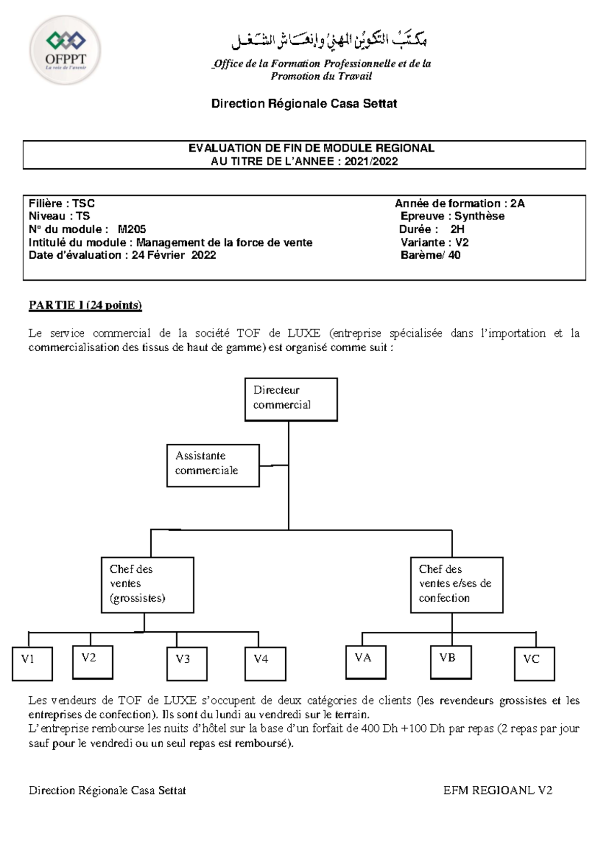 Évaluation de Fin de Module M205 : Management de la Force de Vente ...