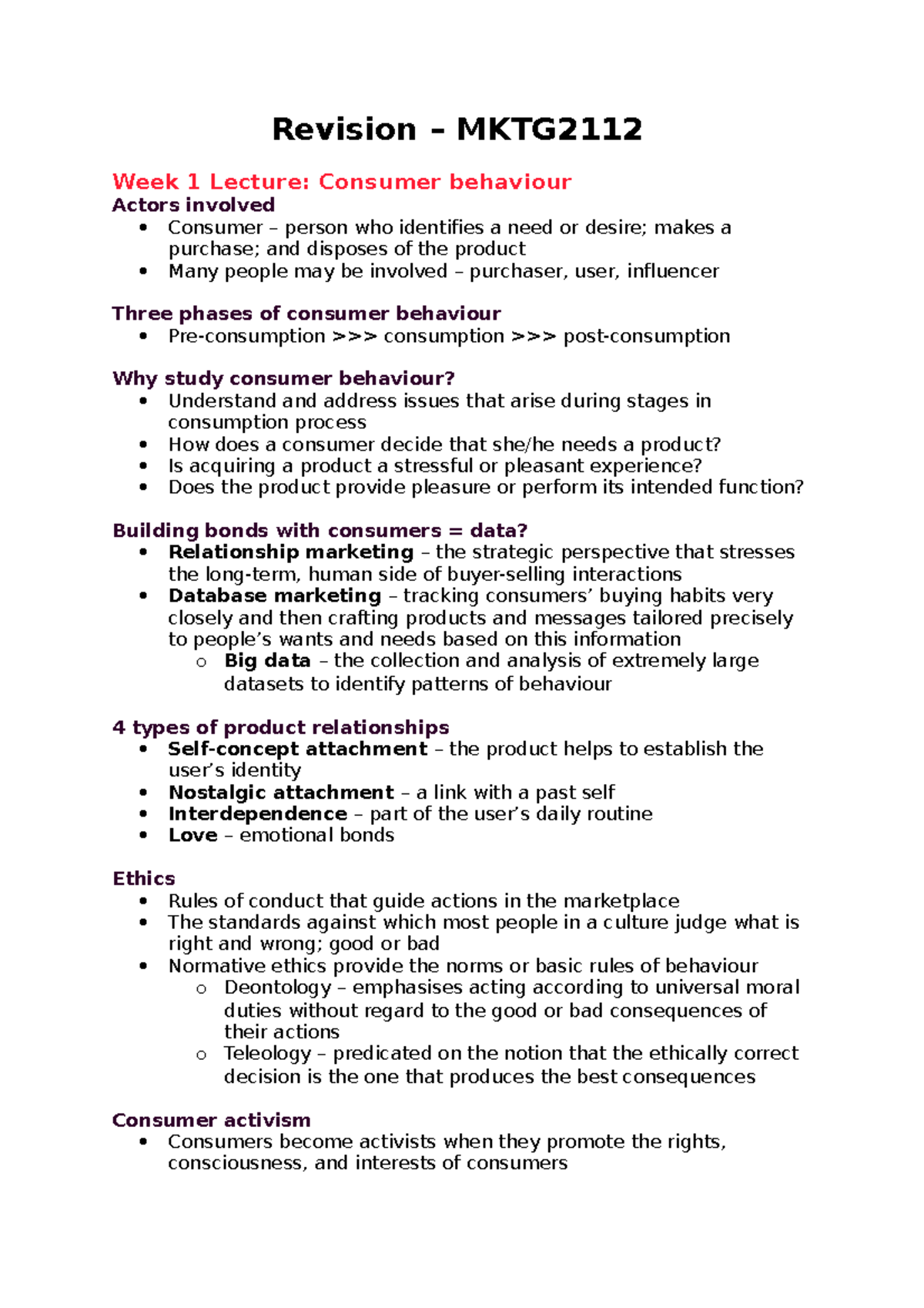 MKTG2112 Week 1 & 3 Consumer Behaviour Lecture Notes - Studocu