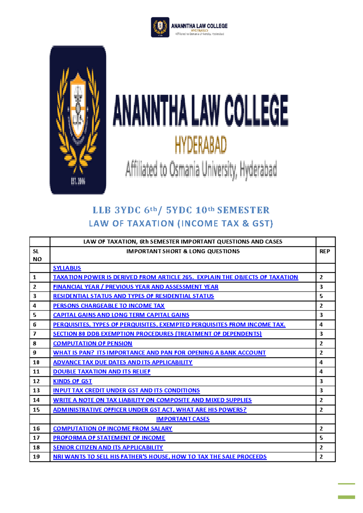 LLB 6th SEMESTER LAW OF TAXATION: Key Questions & Essential Cases - Document Preview