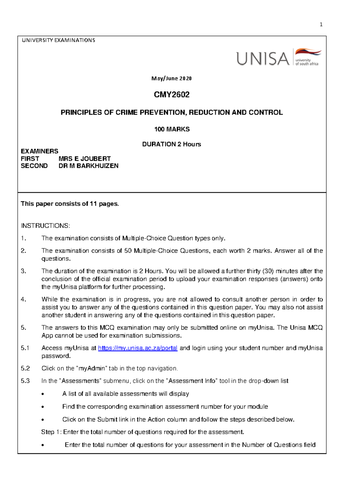 Exam Prep MCQ & Answers for CMY2602: Principles of Crime Prevention ...
