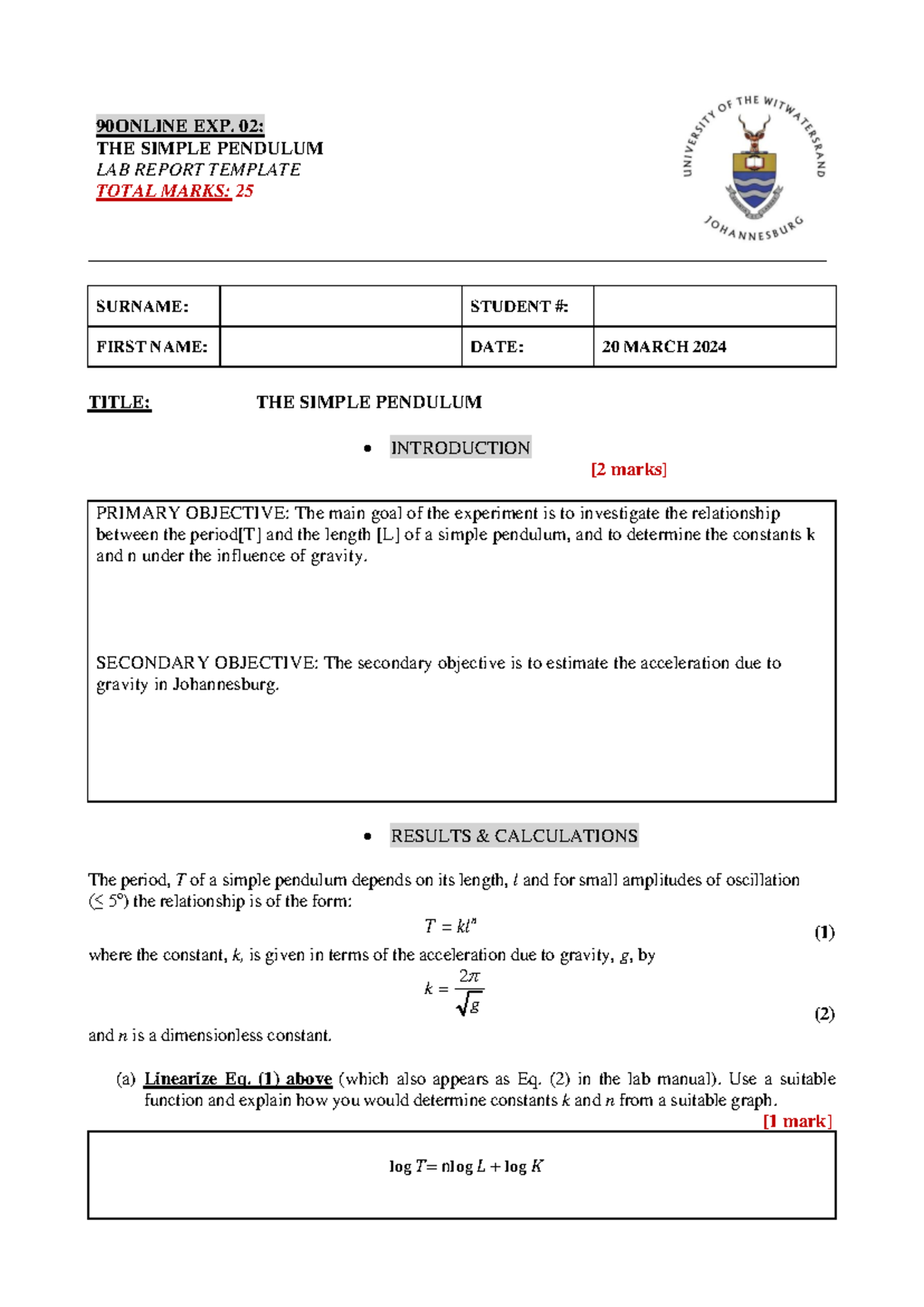 90ONLINE EXP. 02: SIMPLE PENDULUM LAB REPORT TEMPLATE & RESULTS - Studocu