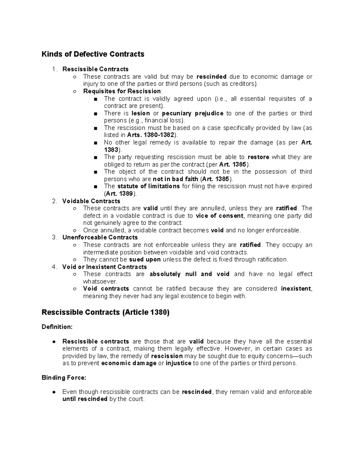 Oblicon Reviewer: Types of Defective Contracts Explained - Studocu