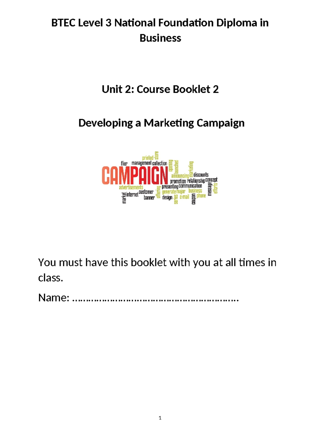 BTEC Level 3 Business Unit 2: Developing a Marketing Campaign Guide ...