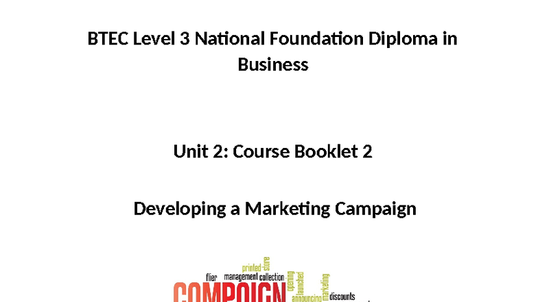 BTEC Level 3 Business Unit 2: Developing a Marketing Campaign Guide ...