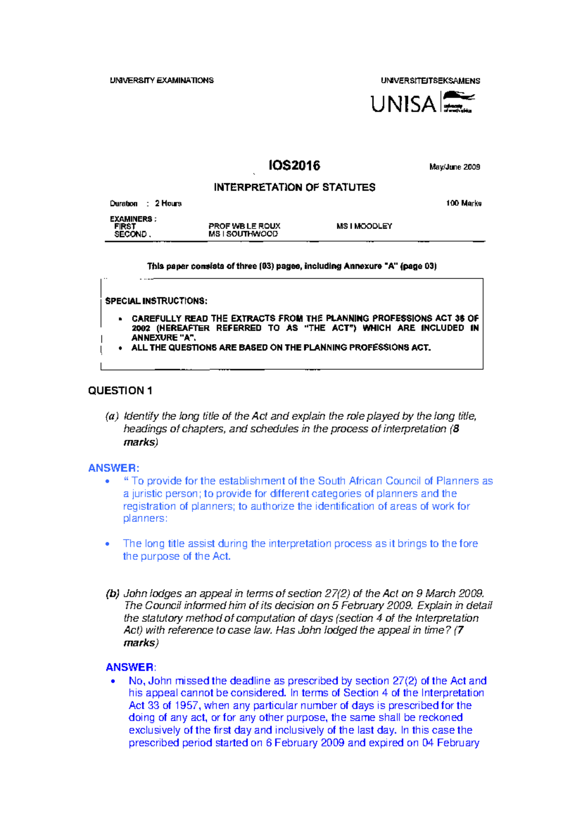 Ios exam answers june 2009 - QUESTION 1 (a) Identify the long title of ...