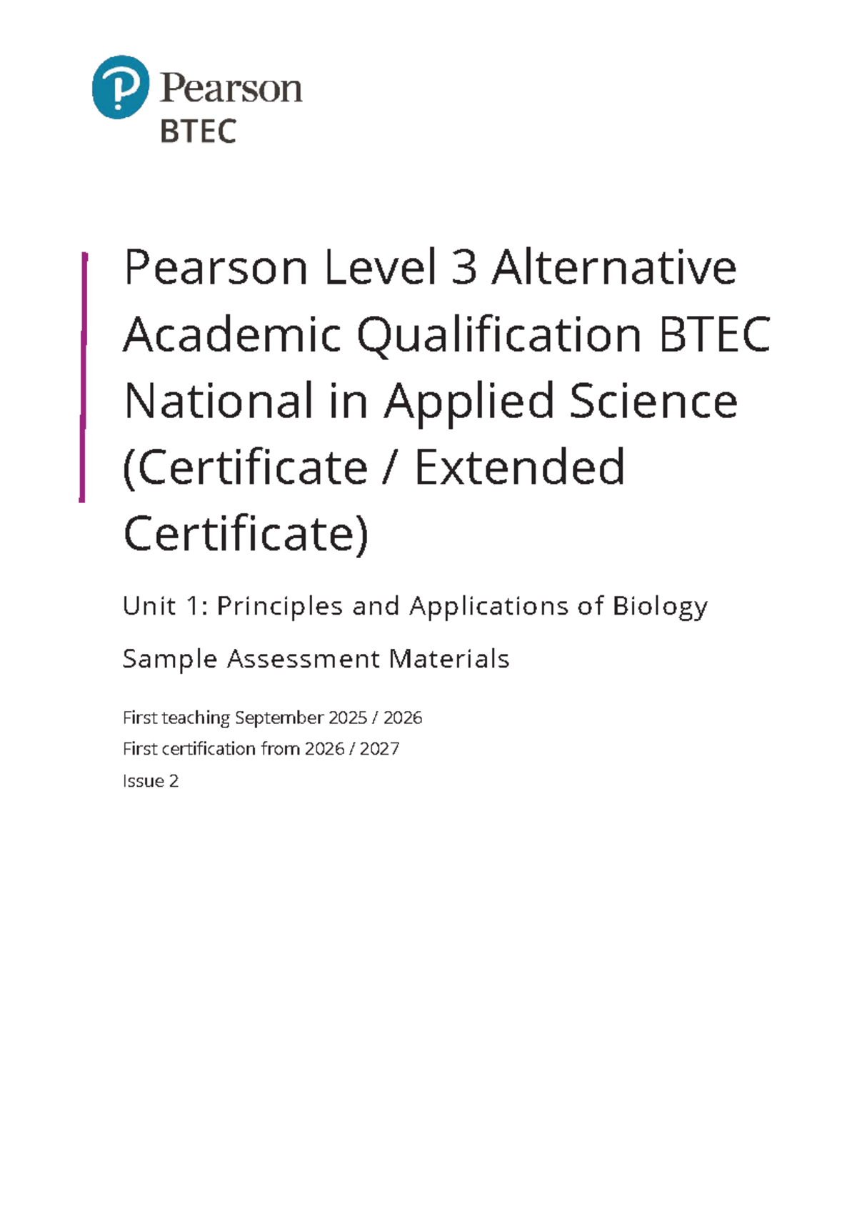 BTEC Level 3 Applied Science Unit 1: Biology Sample Exam Paper - Studocu