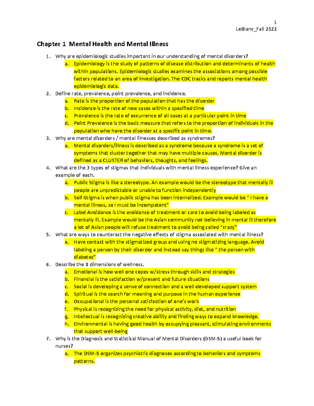 NUR 101 Exam 1 Study Guide - Mental Health & Legal Issues - Fall 2022 ...