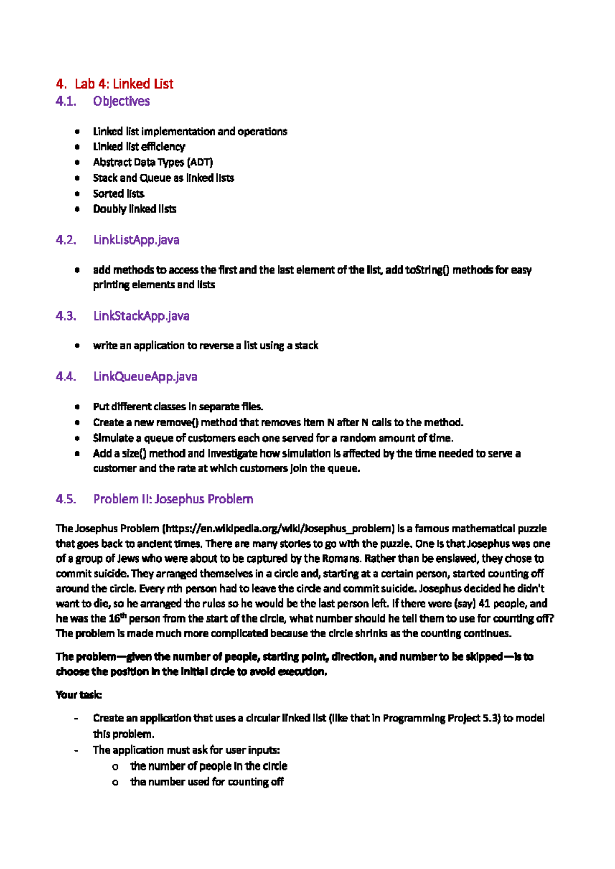 LAB4 - Linked List Implementation and Josephus Problem Analysis - Studocu