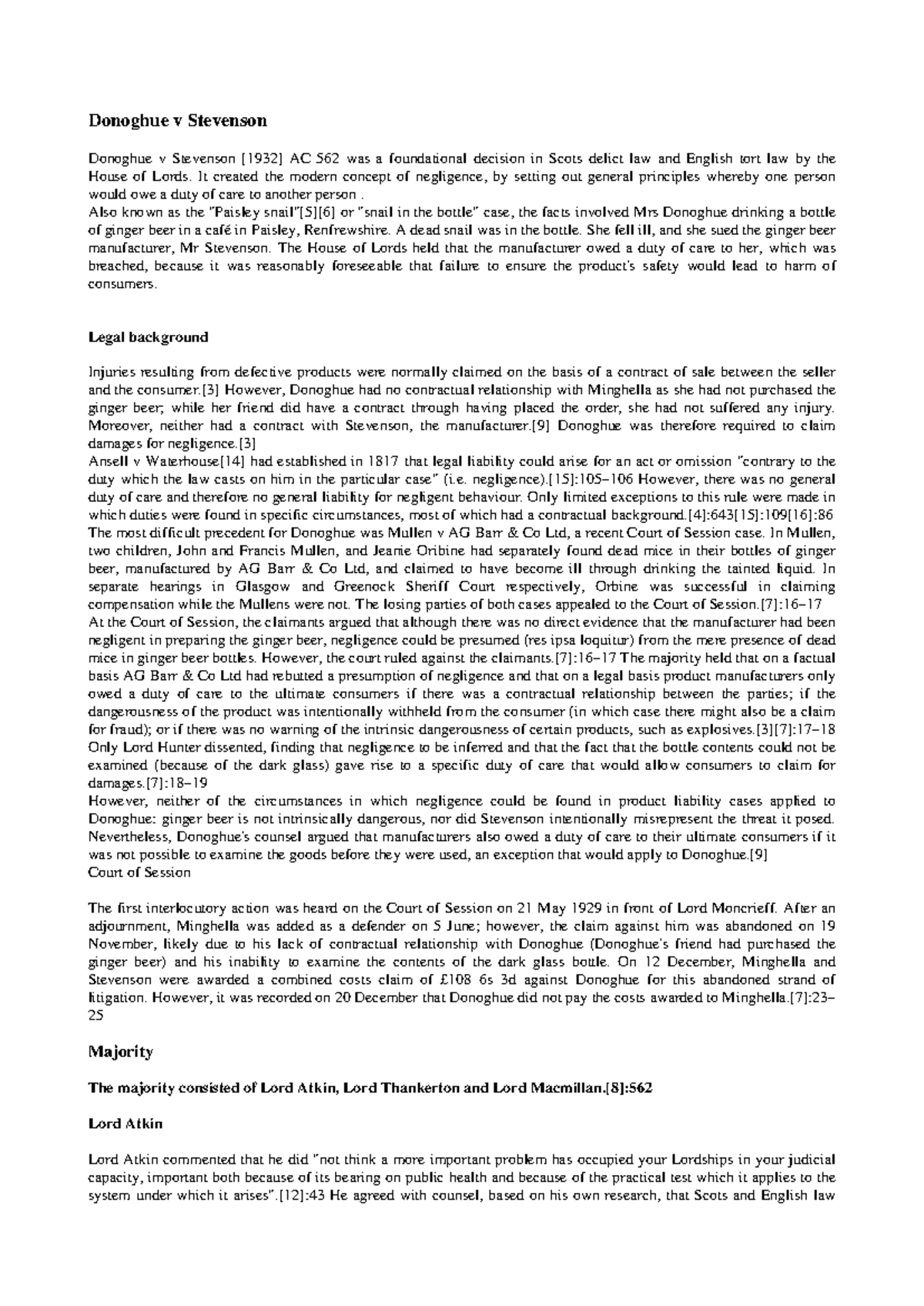 Donoghue v Stevenson AC 562: A Landmark Case Study in Negligence - Studocu