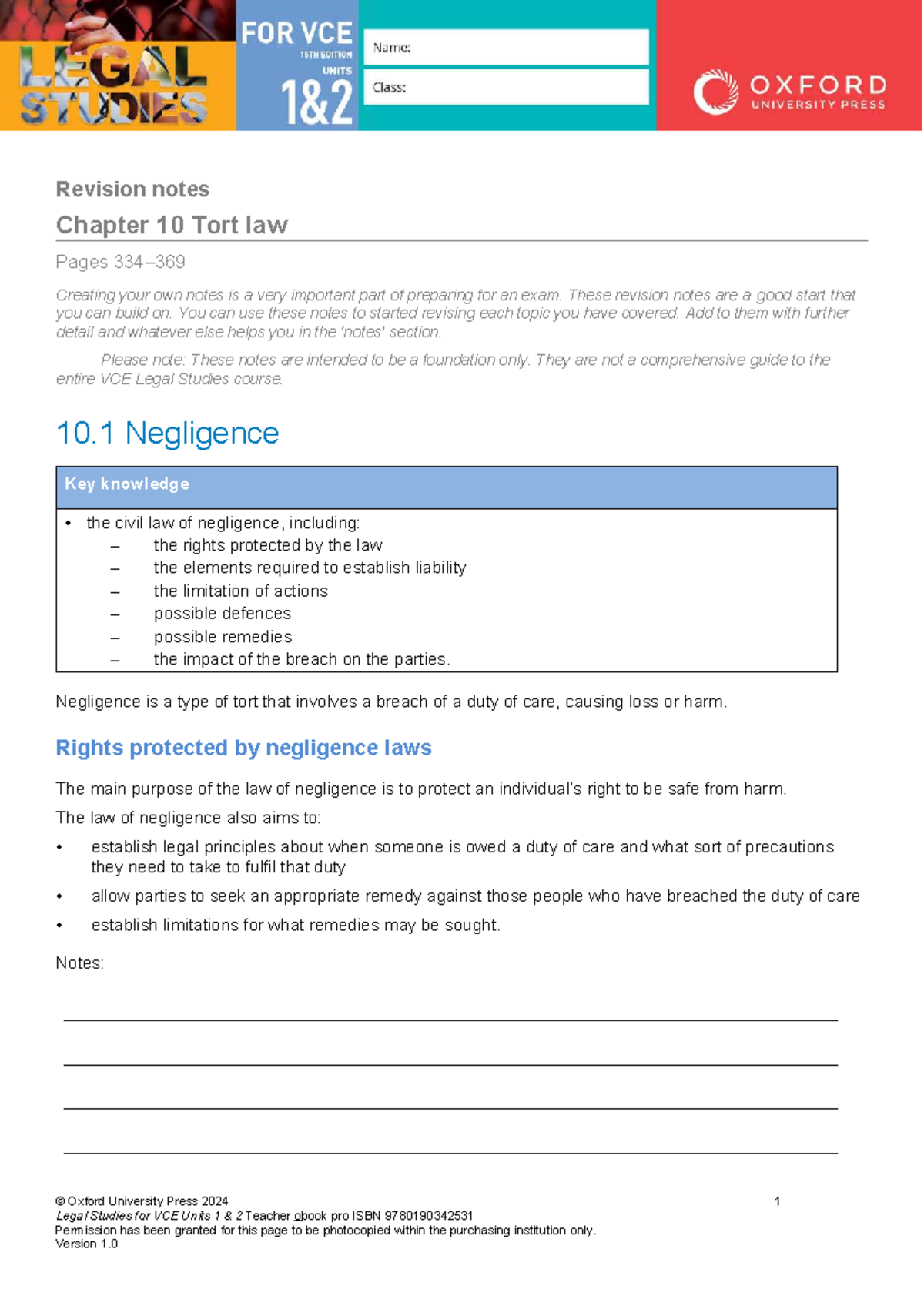 Legal 12 Chapter 10 Revision Notes: Tort Law Overview - Studocu