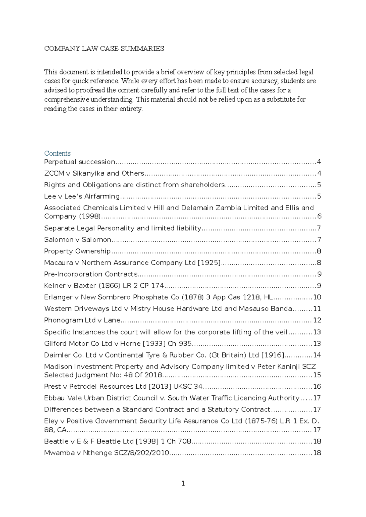 COMPANY LAW CASE SUMMARIES: Key Legal Principles and Cases - Studocu