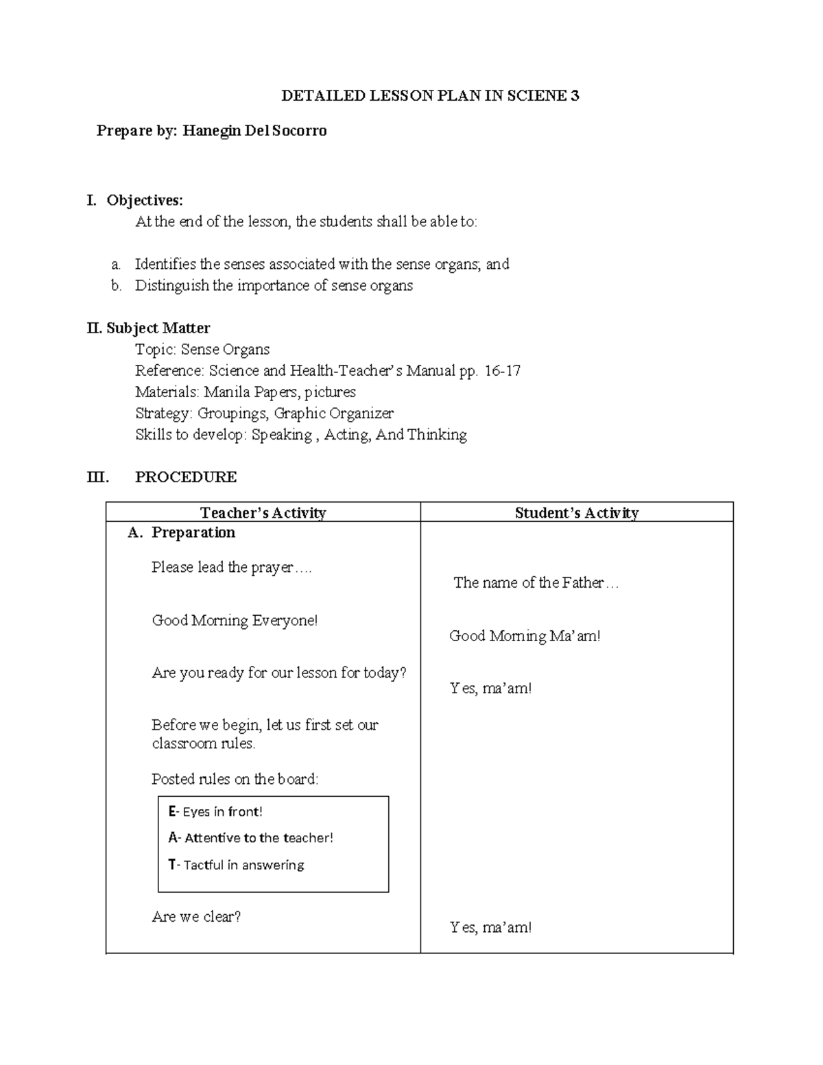 Detailed Lesson Plan: Sense Organs in Science 3 - Studocu