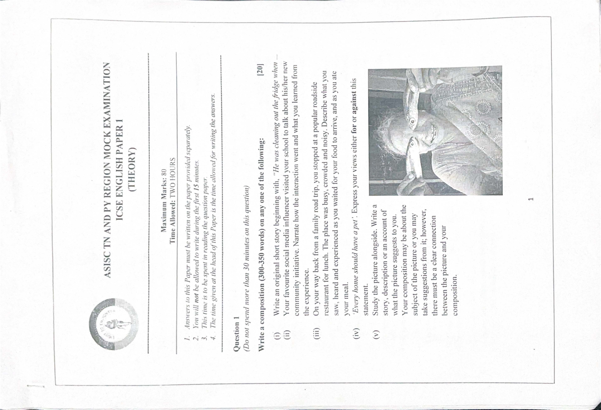 ICSE 2026 English Paper 1 Mock Examination (Theory) - Studocu