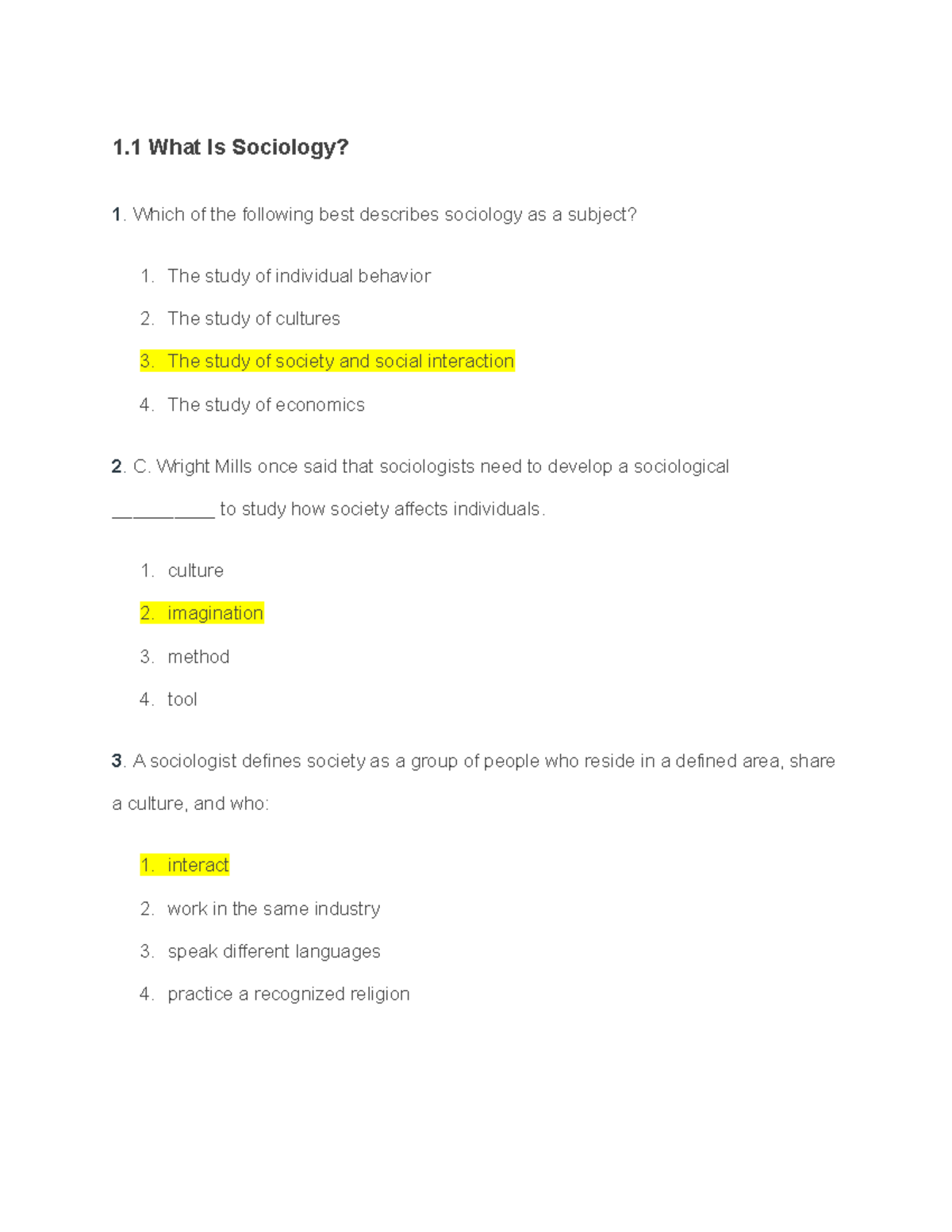 Sociology 101: Chapter 1 Study Guide Quiz (With Answers) - Studocu
