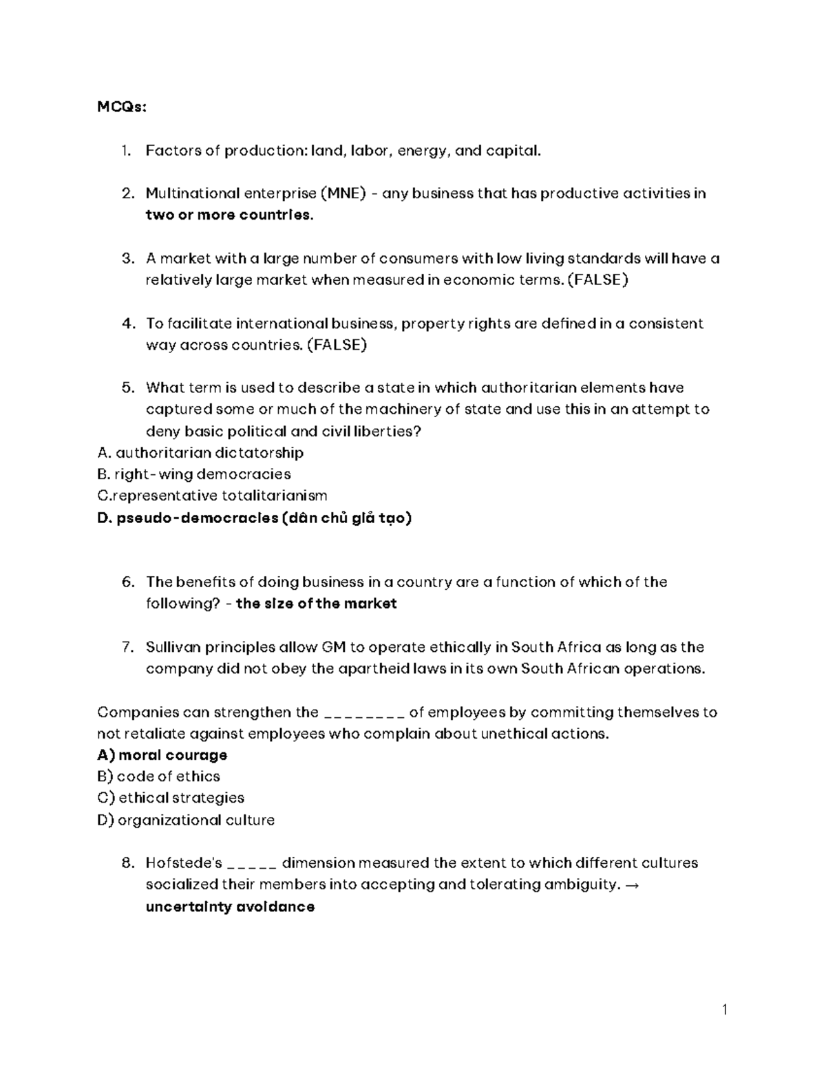 MCQs: Factors of Production and International Business Concepts - Studocu