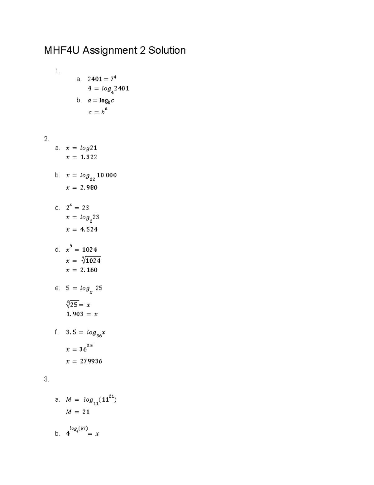 MHF4U Assignment 2.6 Solutions and Notes on Logarithmic Functions - Studocu