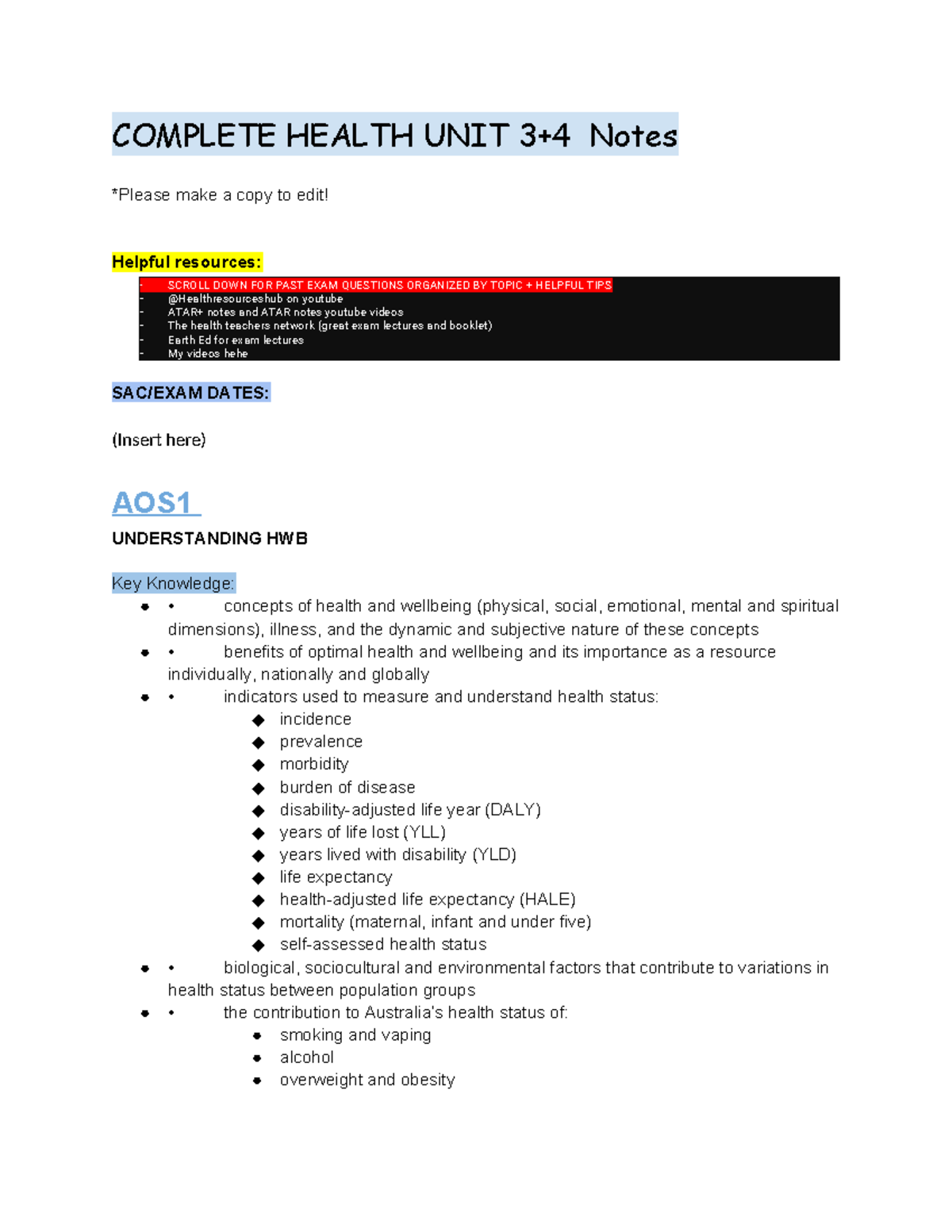 COMPLETE HEALTH UNIT Notes: Key Concepts & Exam Tips for AOS1 - Studocu
