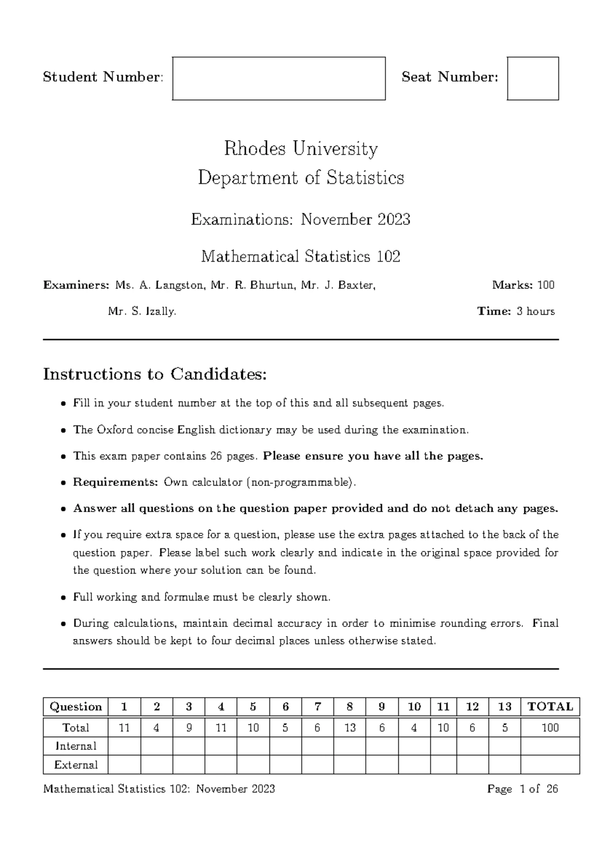 Mathematical Statistics 102: Final Exam Questions Nov 2022 - Studocu