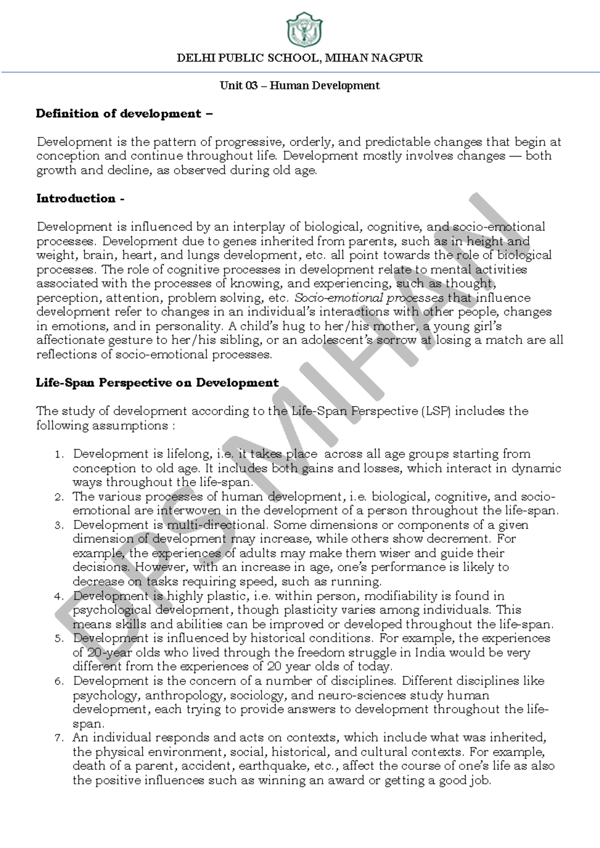 Human Development Notes - Unit 03 (DPS Mihan) - Studocu